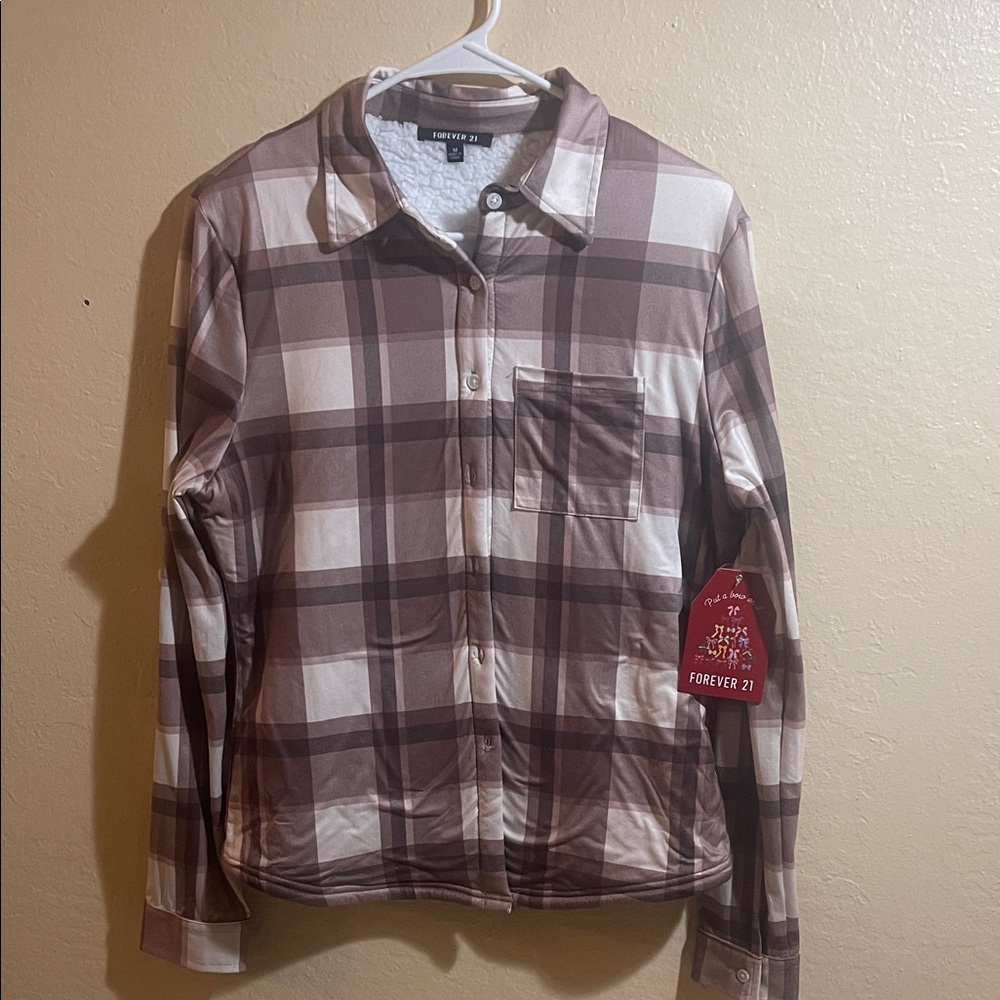 Forever 21 juniors Brown and Cream Plaid Long Sleeve Shirt